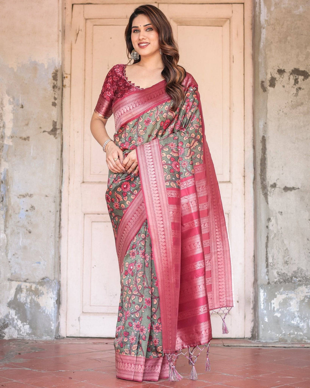 Luxurious Green Banarasi Silk Saree with Zari Border and Tassels RICH VARSHA H 1211-20
