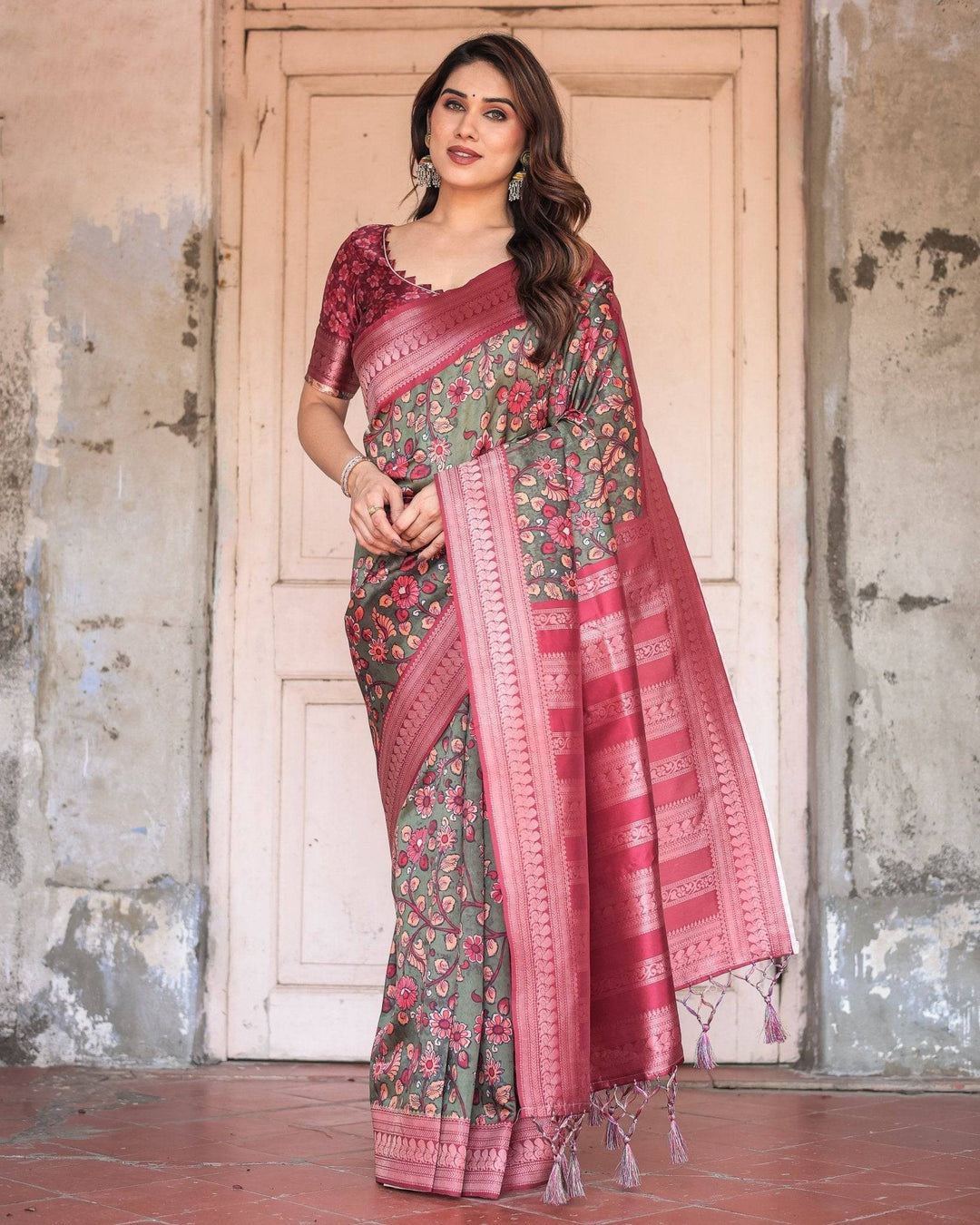 Luxurious Green Banarasi Silk Saree with Zari Border and Tassels RICH VARSHA H 1211-20
