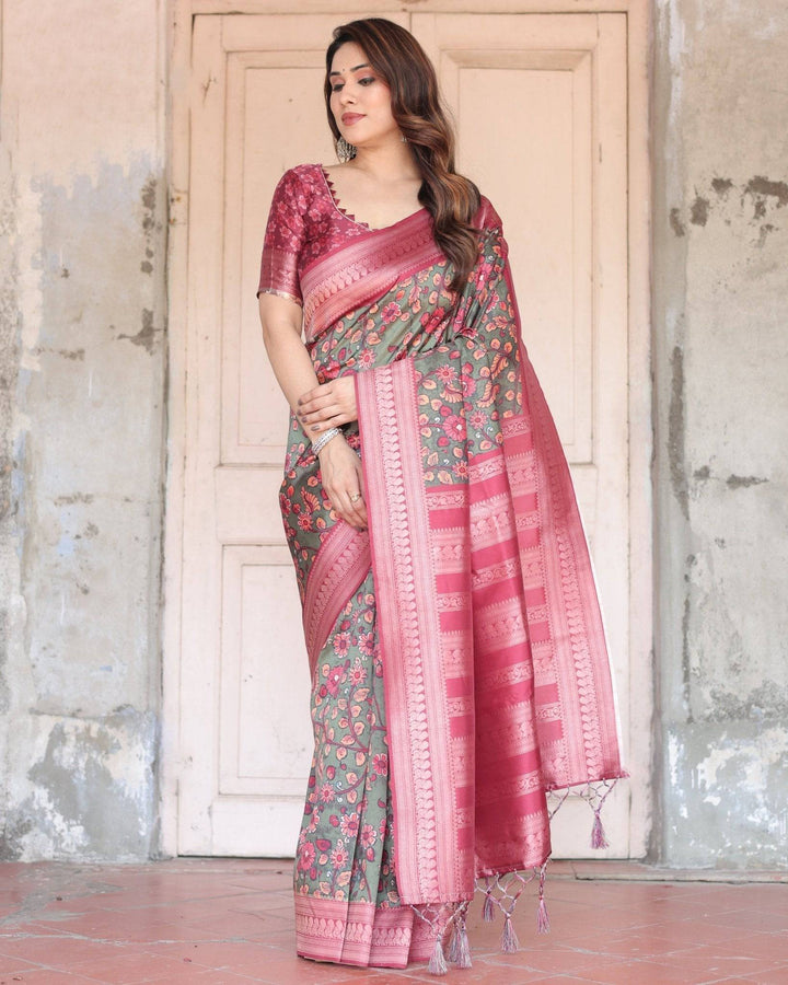 Luxurious Green Banarasi Silk Saree with Zari Border and Tassels RICH VARSHA H 1211-20