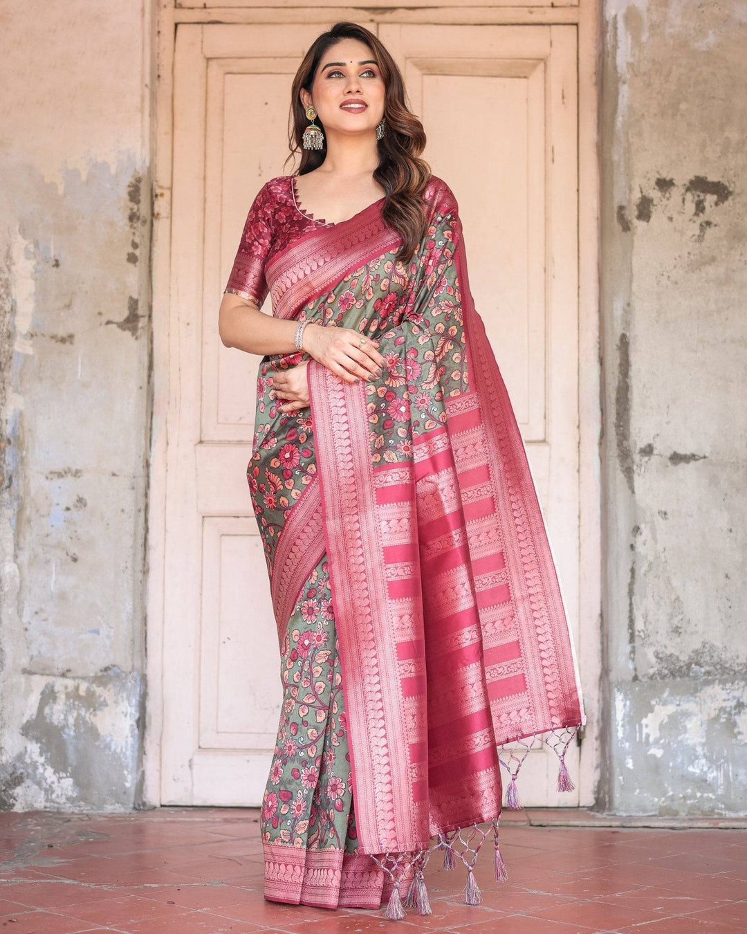 Luxurious Green Banarasi Silk Saree with Zari Border and Tassels RICH VARSHA H 1211-20