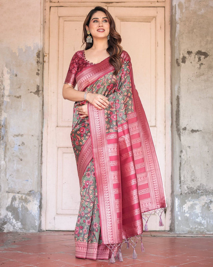 Luxurious Green Banarasi Silk Saree with Zari Border and Tassels RICH VARSHA H 1211-20