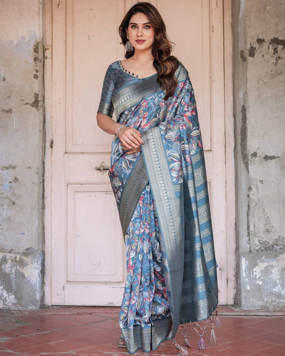 Steel Blue Banarasi Silk Saree with Tropical Floral Digital Print & Zari Border RICH VARSHA H 1211-20