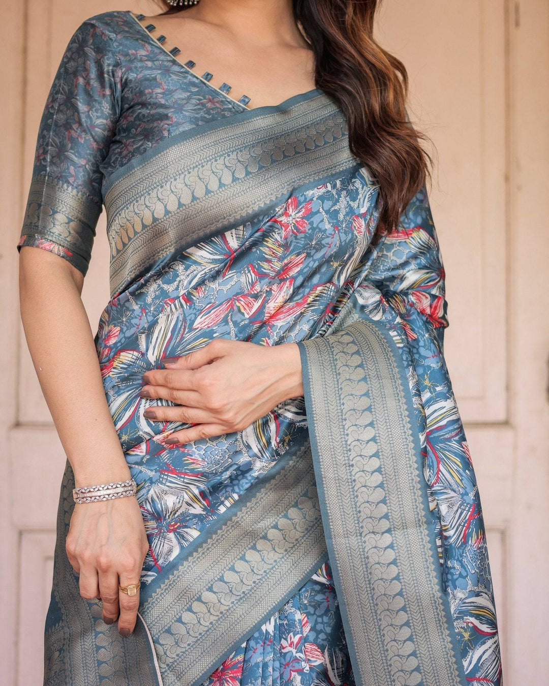 Steel Blue Banarasi Silk Saree with Tropical Floral Digital Print & Zari Border RICH VARSHA H 1211-20