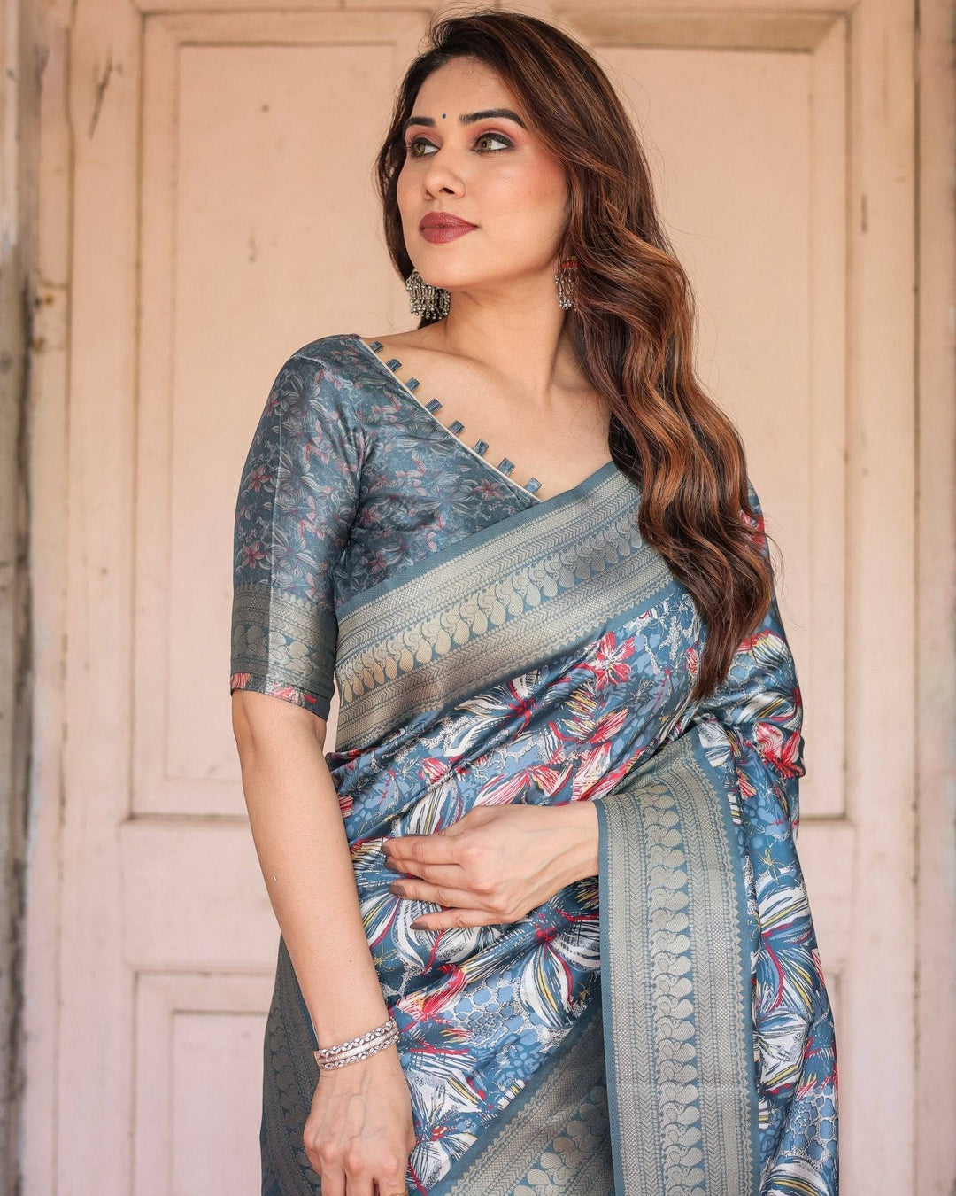 Steel Blue Banarasi Silk Saree with Tropical Floral Digital Print & Zari Border RICH VARSHA H 1211-20