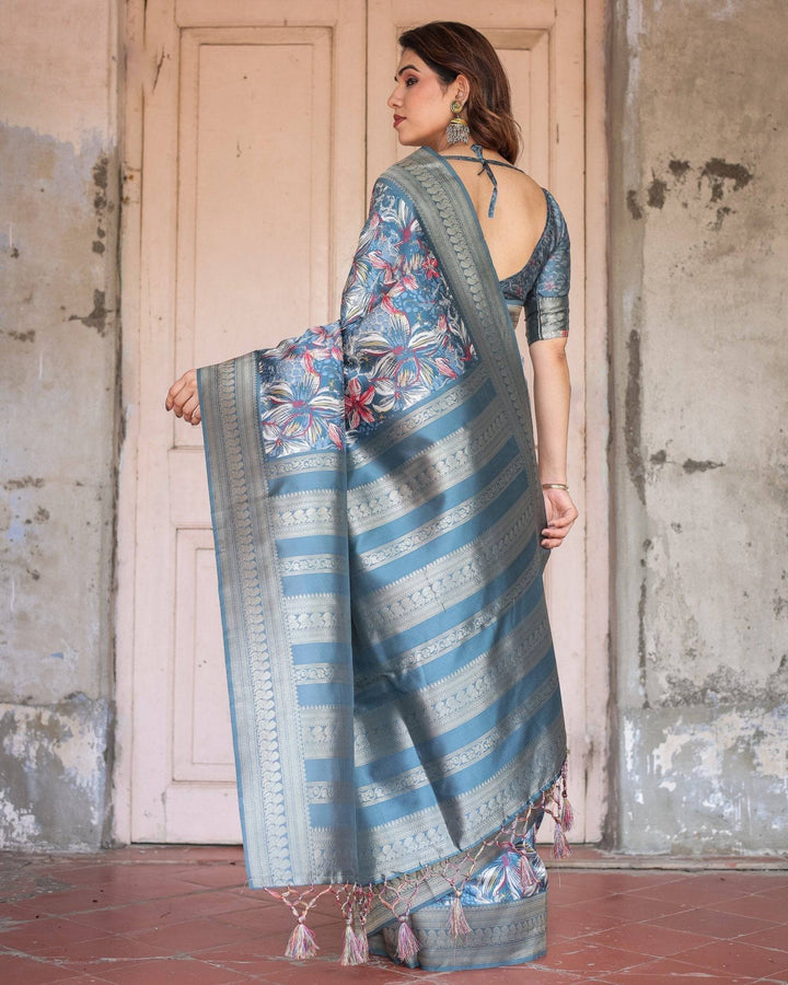 Steel Blue Banarasi Silk Saree with Tropical Floral Digital Print & Zari Border RICH VARSHA H 1211-20