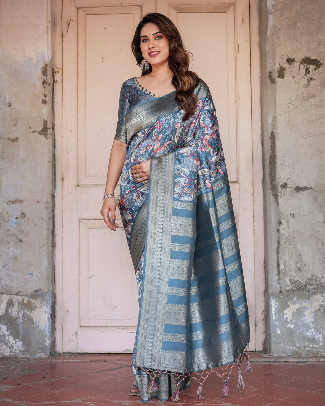Steel Blue Banarasi Silk Saree with Tropical Floral Digital Print & Zari Border RICH VARSHA H 1211-20