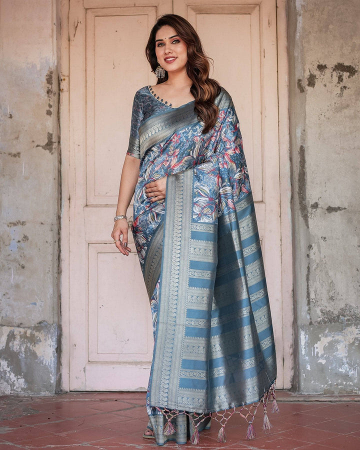 Steel Blue Banarasi Silk Saree with Tropical Floral Digital Print & Zari Border RICH VARSHA H 1211-20