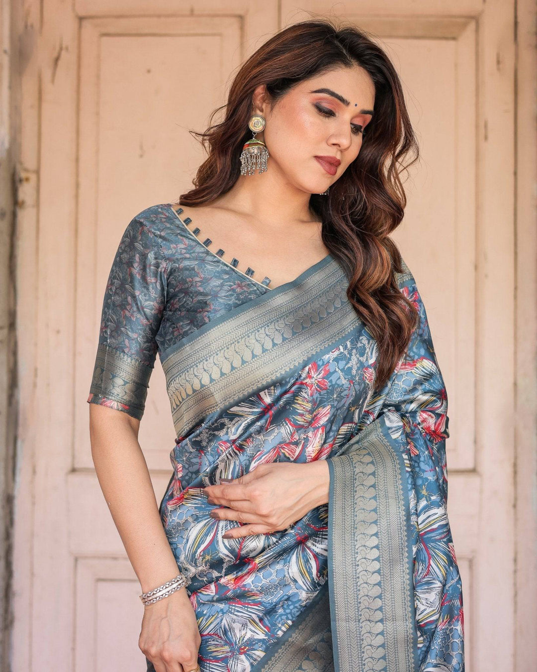 Steel Blue Banarasi Silk Saree with Tropical Floral Digital Print & Zari Border RICH VARSHA H 1211-20