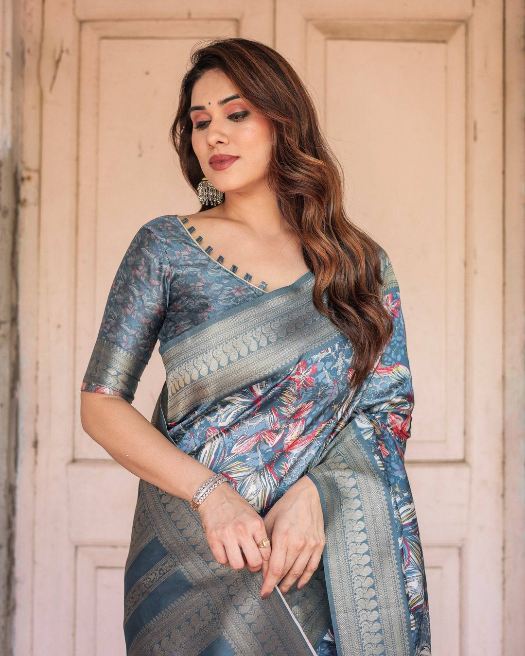 Steel Blue Banarasi Silk Saree with Tropical Floral Digital Print & Zari Border RICH VARSHA H 1211-20