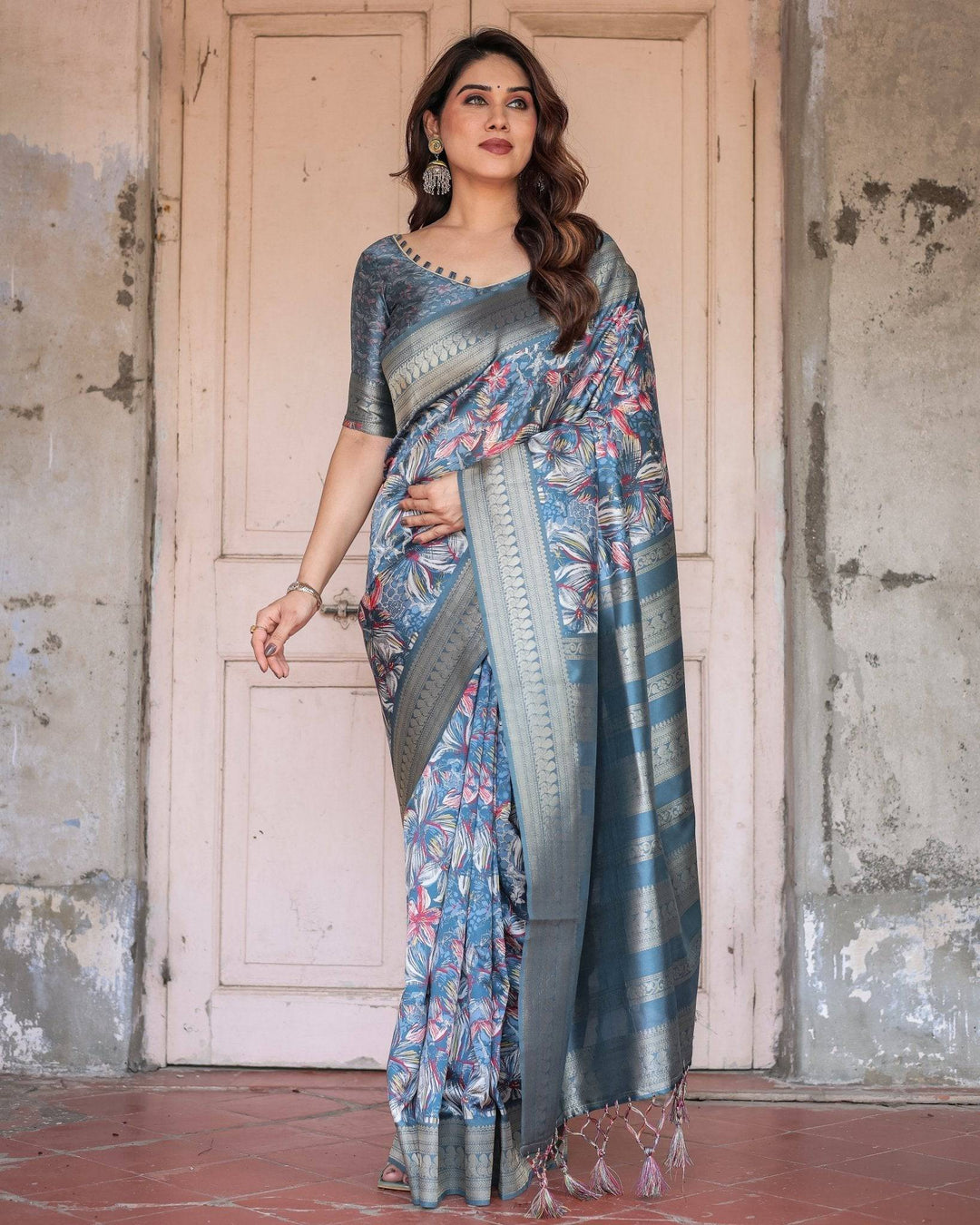 Steel Blue Banarasi Silk Saree with Tropical Floral Digital Print & Zari Border RICH VARSHA H 1211-20