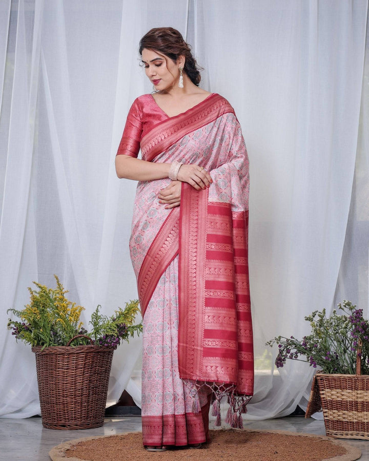 Crimson Red & White Banarasi Silk Saree with Intricate Geometric Motifs