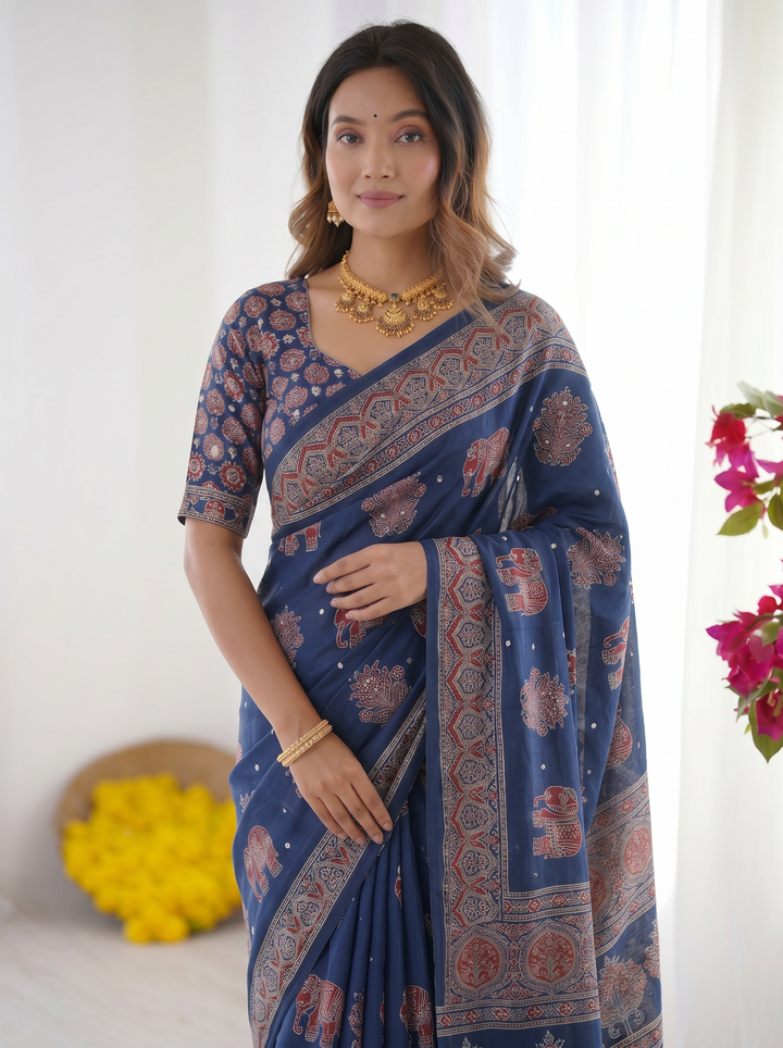 Royal Blue Modal Silk Saree with Elephant Motif Heritage Print & Designer Pallu | Traditional Festive Wear Saree