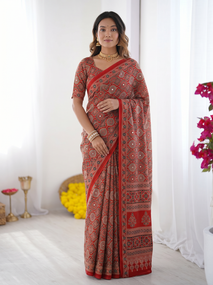 Rustic Brick Red Modal Silk Saree with Heritage Geometric Motifs, Traditional Designer Border & Artistic Pallu