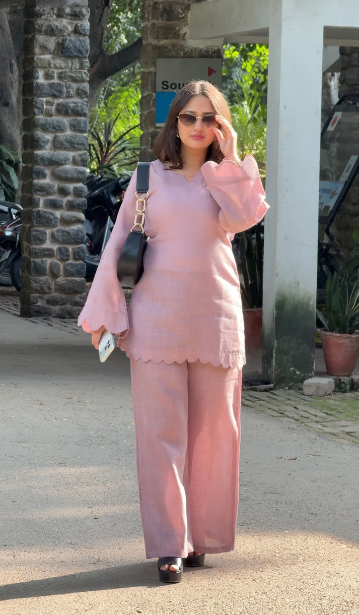 Rosé Muse Pure Linen Co-Ord Set – Relaxed Fit Top & Wide-Leg Pants | Shree Mall