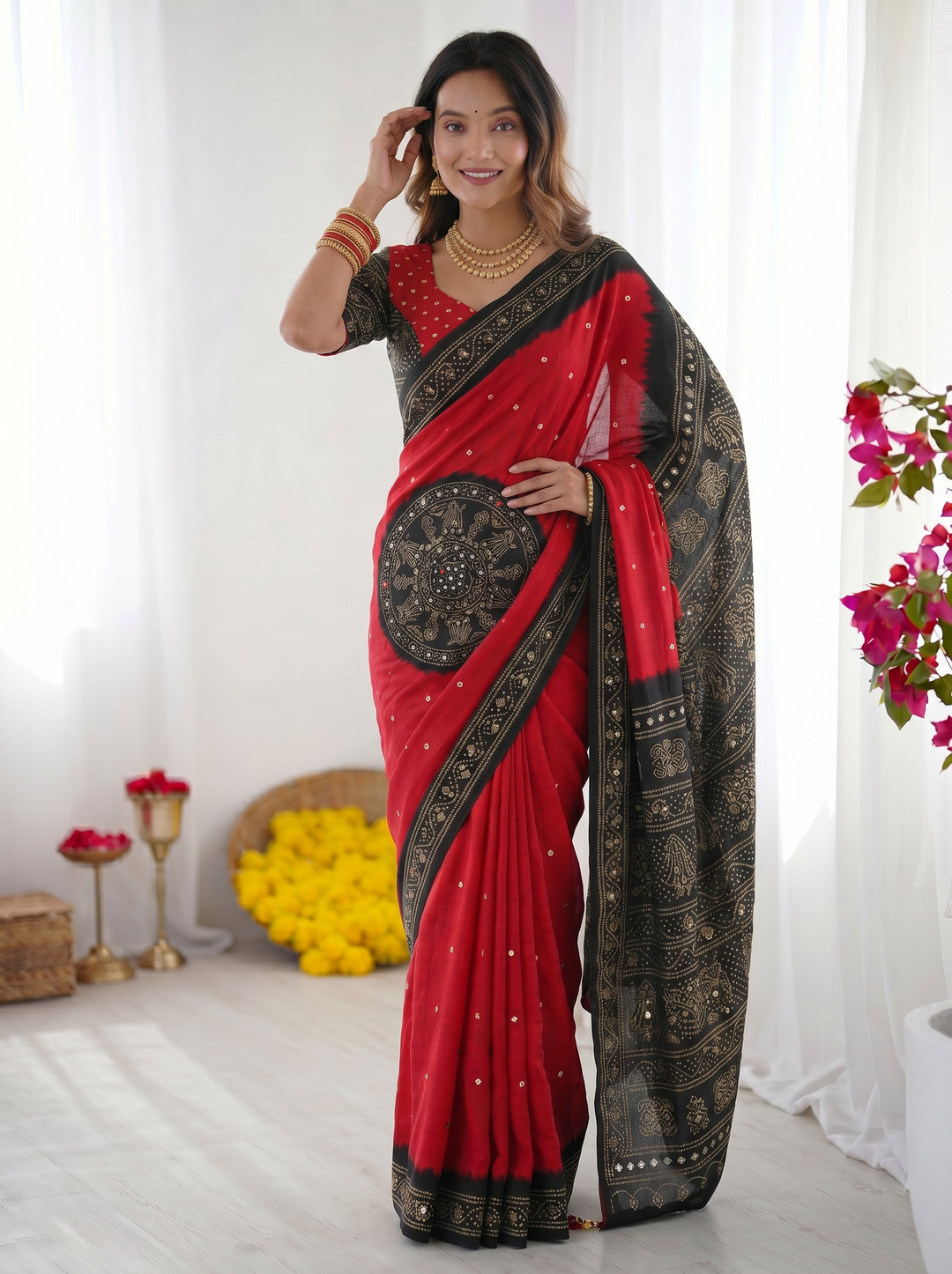 Crimson Red & Black Modal Silk Saree with Traditional Bandhani Inspired Motifs, Stone Work & Heritage Folk Art Pallu