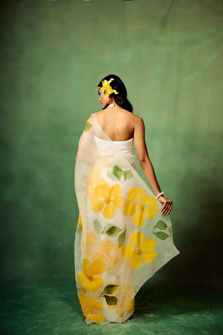 White Pure Organza Saree with Hand-Painted Oversized Yellow Floral Motifs & Sequin Accents | Satin Blouse