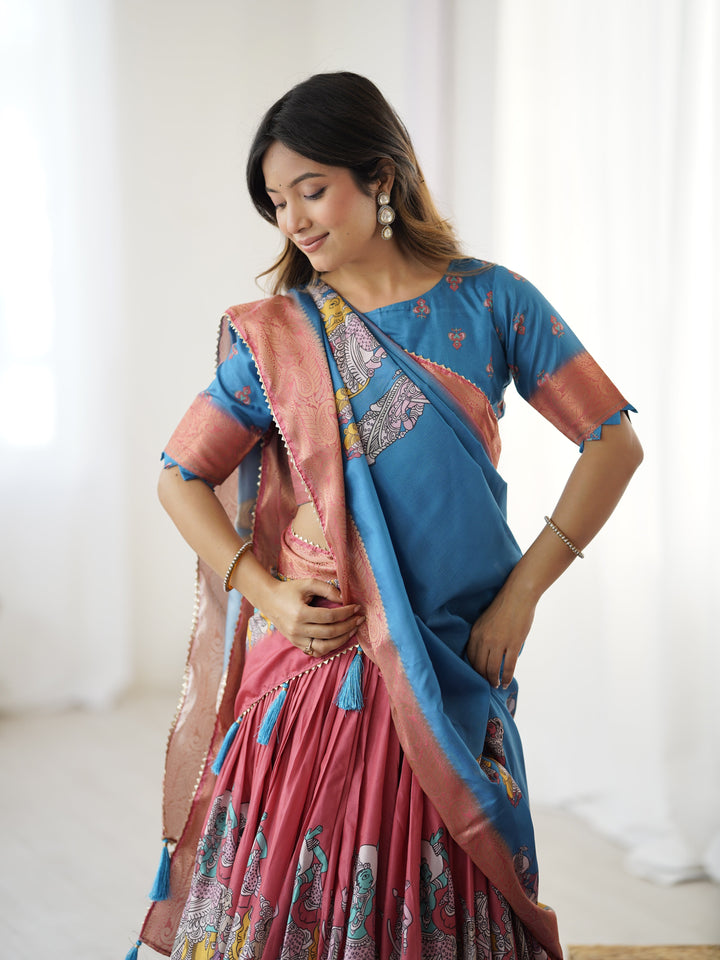 Elegant Kalamkari Lehenga in Blue and Terracotta Pink with Flared Skirt and Dupatta