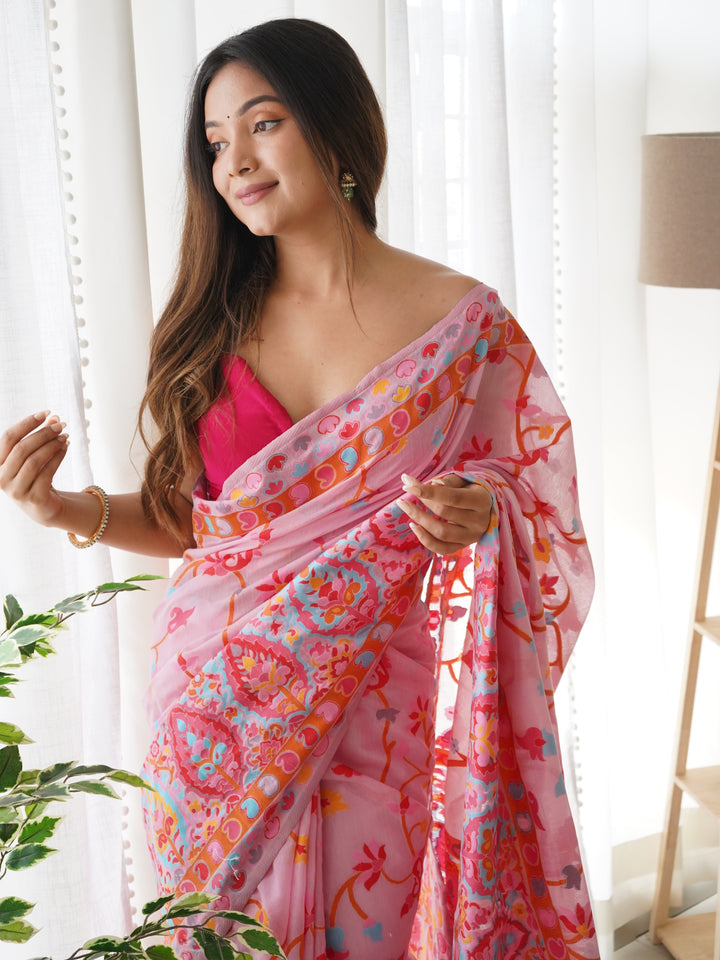 KASHMIRI PASHMINA COTTON KACHHI WORK MULTI THRADE SAREE