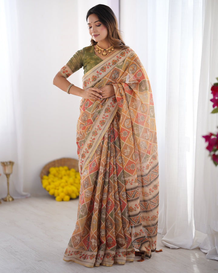 Multicolor Zari Woven Handloom Cotton Saree with Traditional Animal & Floral Motifs and Tassels