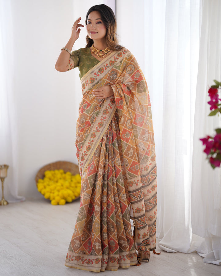 Multicolor Zari Woven Handloom Cotton Saree with Traditional Animal & Floral Motifs and Tassels