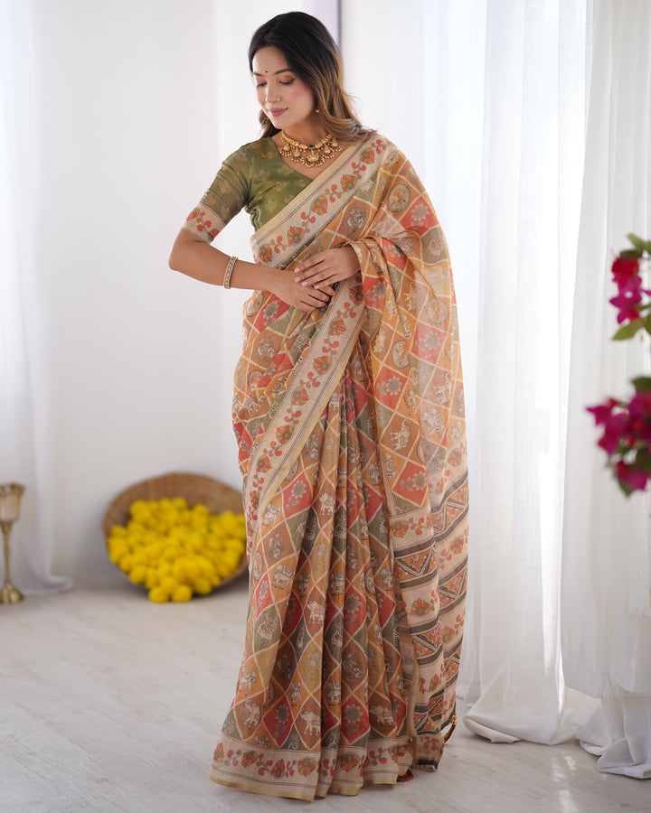 Multicolor Zari Woven Handloom Cotton Saree with Traditional Animal & Floral Motifs and Tassels