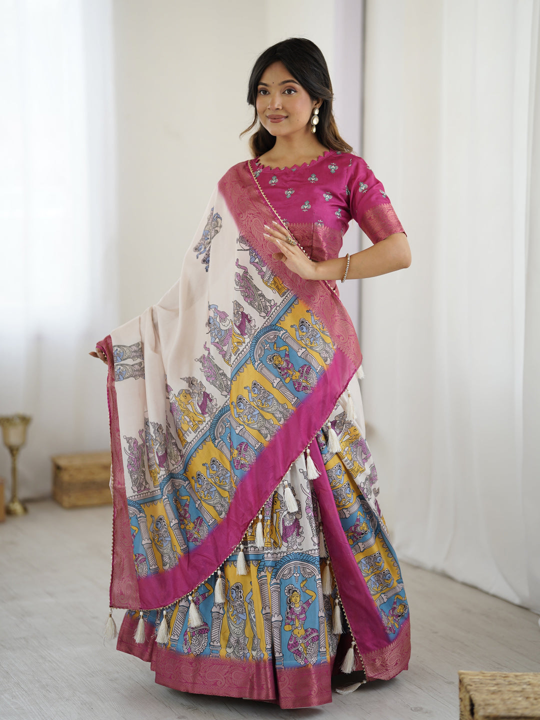 Elegant Kalamkari Lehenga in Magenta and Multicolor with Flared Skirt and Dupatta