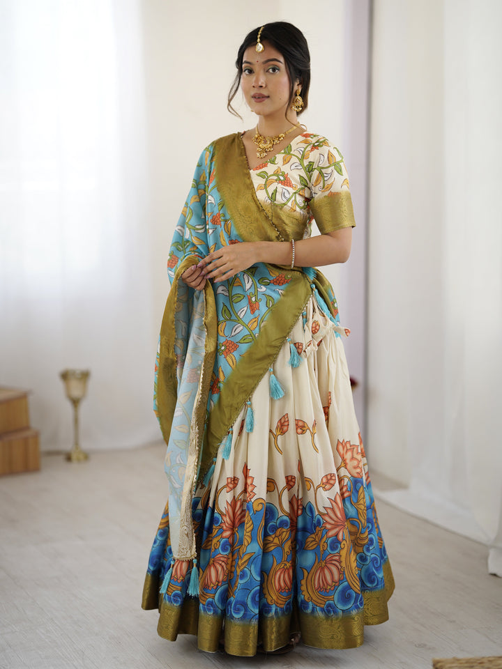 Off-White & Blue Kalamkari Silk Lehenga with Olive Zari Border & Tassel Dupatta – Festive & Wedding Wear