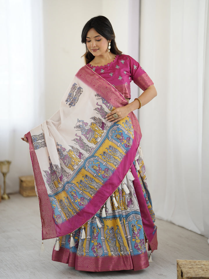 Elegant Kalamkari Lehenga in Magenta and Multicolor with Flared Skirt and Dupatta