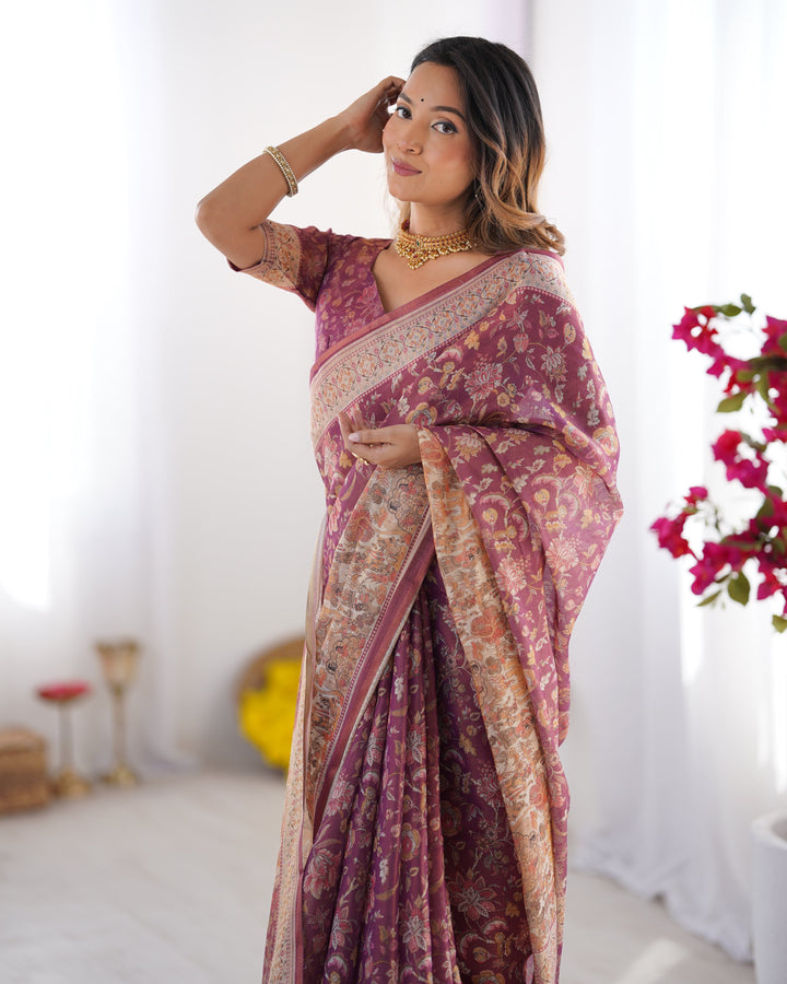 Plum Handloom Cotton Saree with Floral Print, Mythical Border & Tassels
