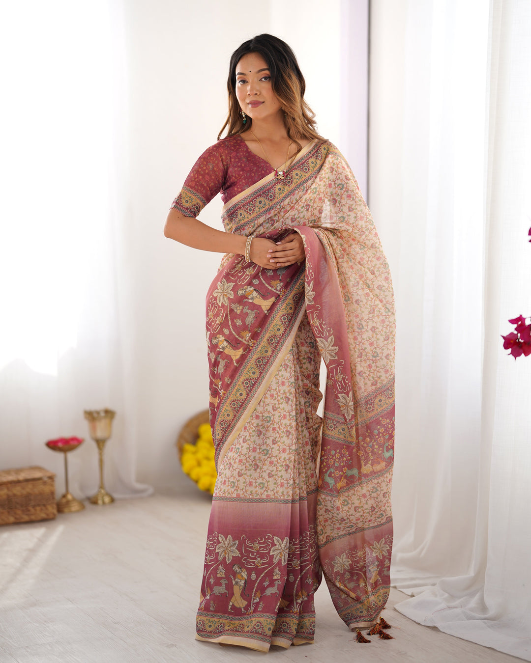 Beige & Mauve Handloom Cotton Saree with Floral Jaal, Peacock Motifs & Storytelling Pallu