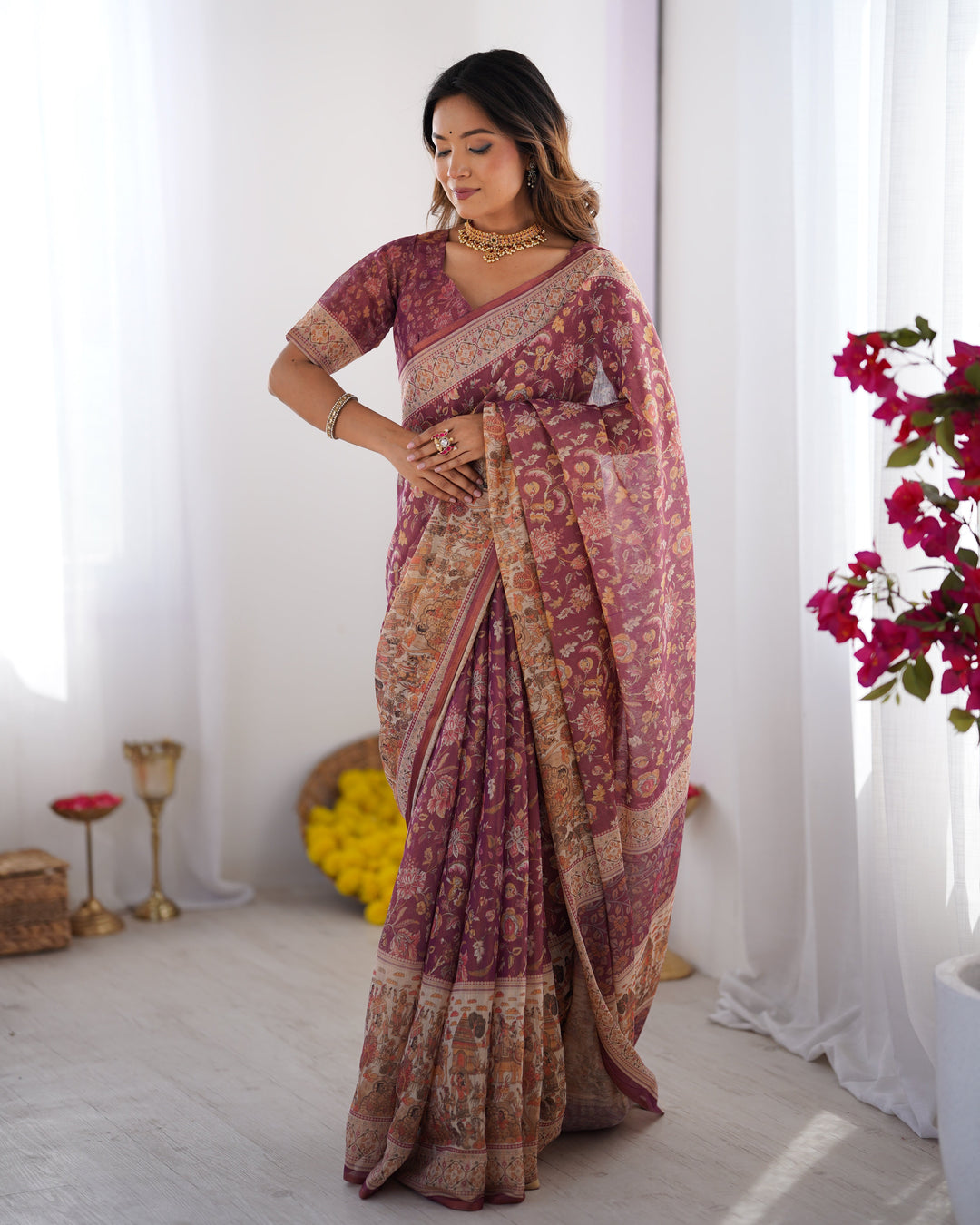 Plum Handloom Cotton Saree with Floral Print, Mythical Border & Tassels