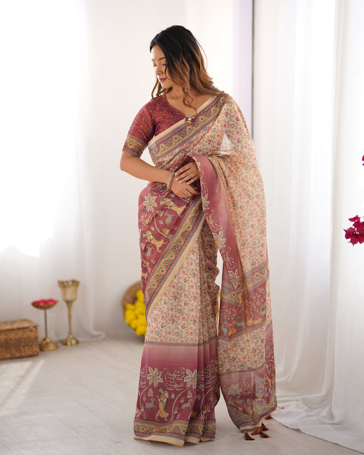 Beige & Mauve Handloom Cotton Saree with Floral Jaal, Peacock Motifs & Storytelling Pallu
