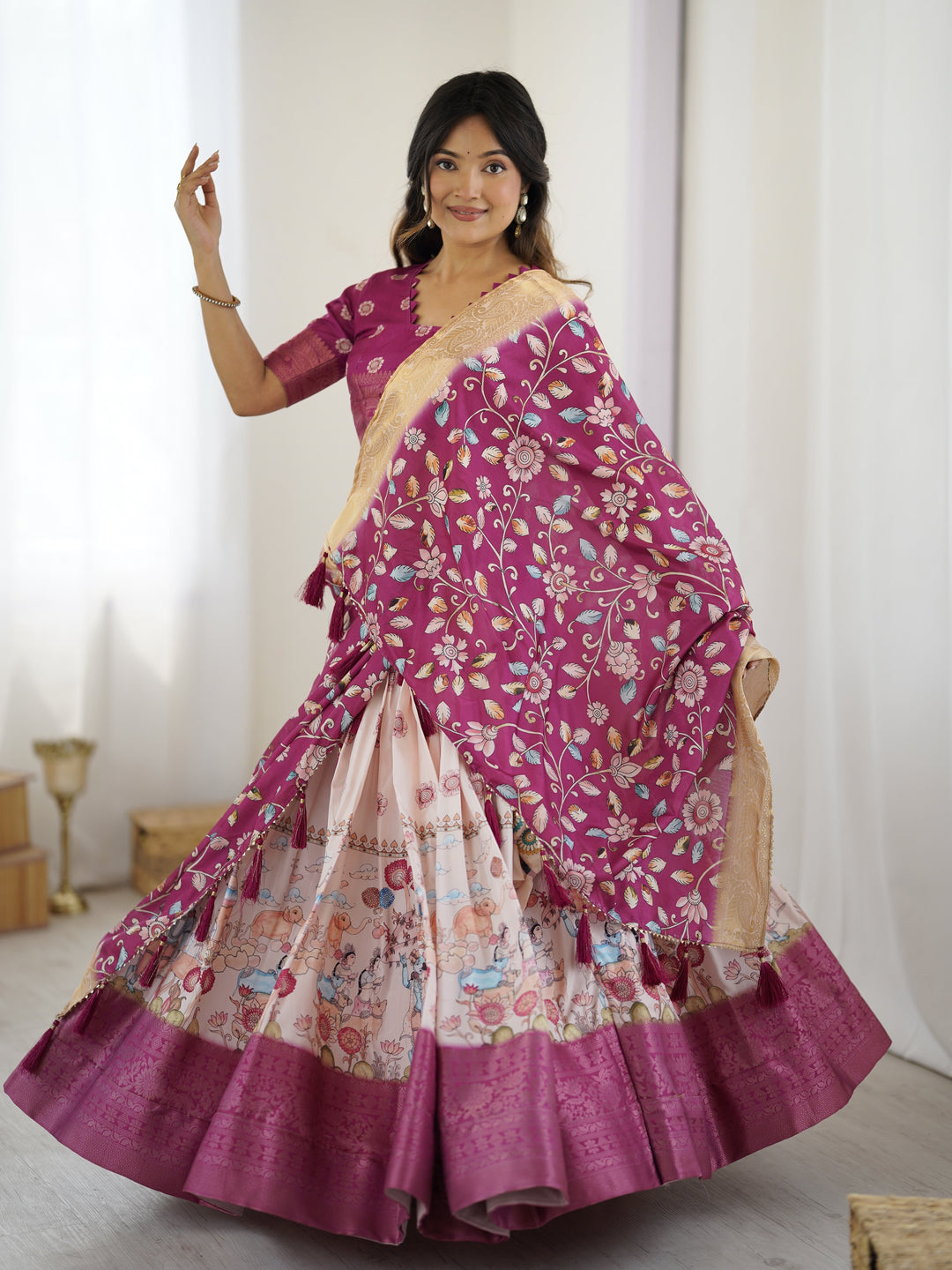 Elegant Kalamkari Lehenga in Wine and Peach with Divine Print and Floral Zari Dupatta