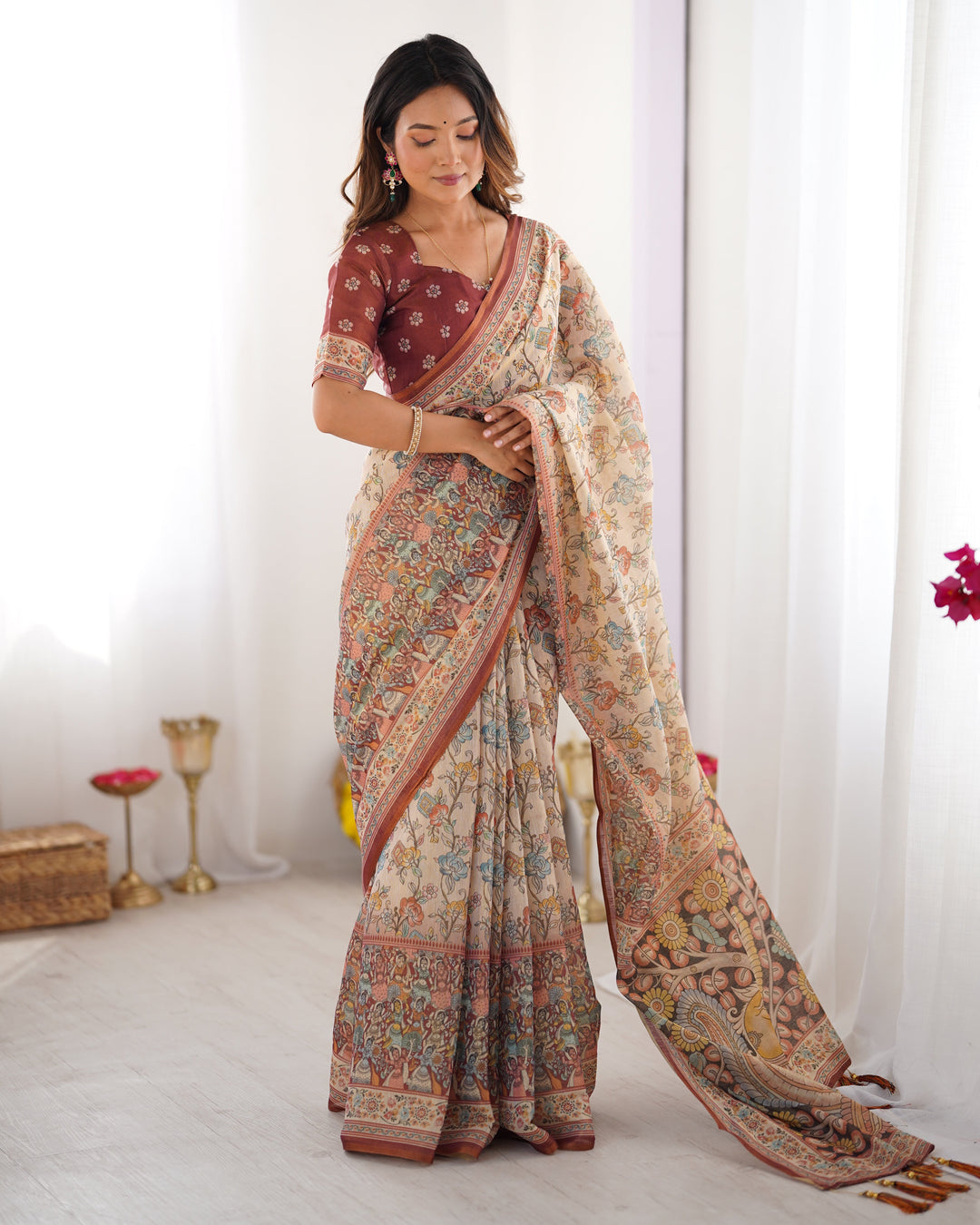 Beige & Maroon Handloom Cotton Saree with Multicolor Floral Print and Majestic Bird Art Pallu