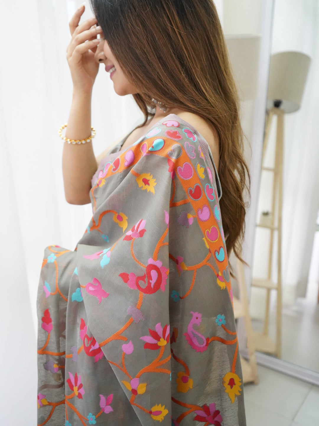 KASHMIRI PASHMINA COTTON KACHHI WORK MULTI THRADE SAREE