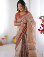 Ivory Handloom Cotton Saree with Maroon Borders, Floral Print & Royal Procession Pallu