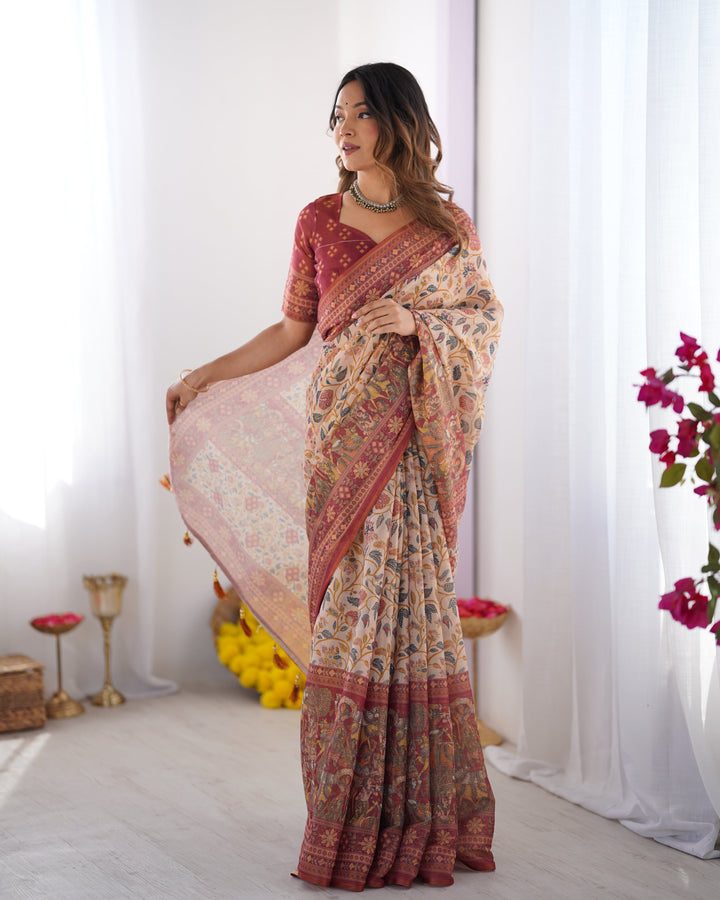 Handloom Beige Cotton Saree with Maroon Blouse, Pomegranate Floral Print & Village Tale Pallu