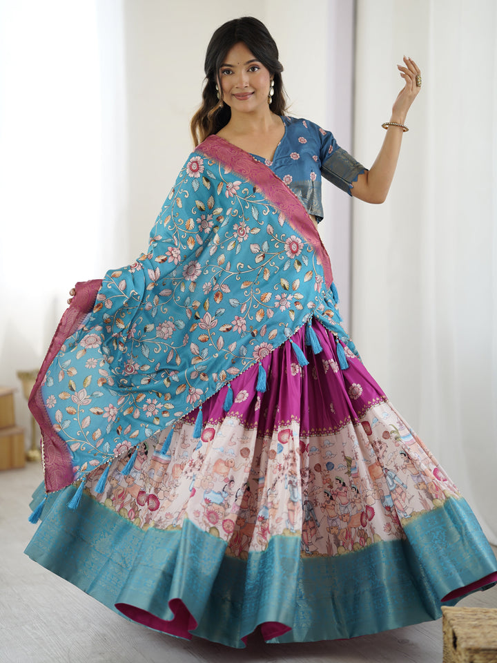 Peacock Blue Kalamkari Lehenga with Divine Print and Floral Embroidered Dupatta