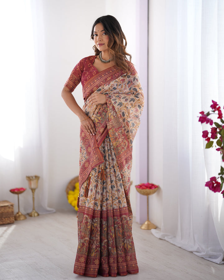 Handloom Beige Cotton Saree with Maroon Blouse, Pomegranate Floral Print & Village Tale Pallu
