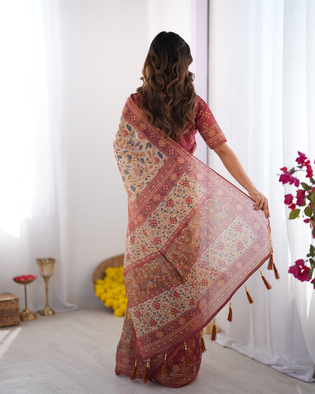 Handloom Beige Cotton Saree with Maroon Blouse, Pomegranate Floral Print & Village Tale Pallu