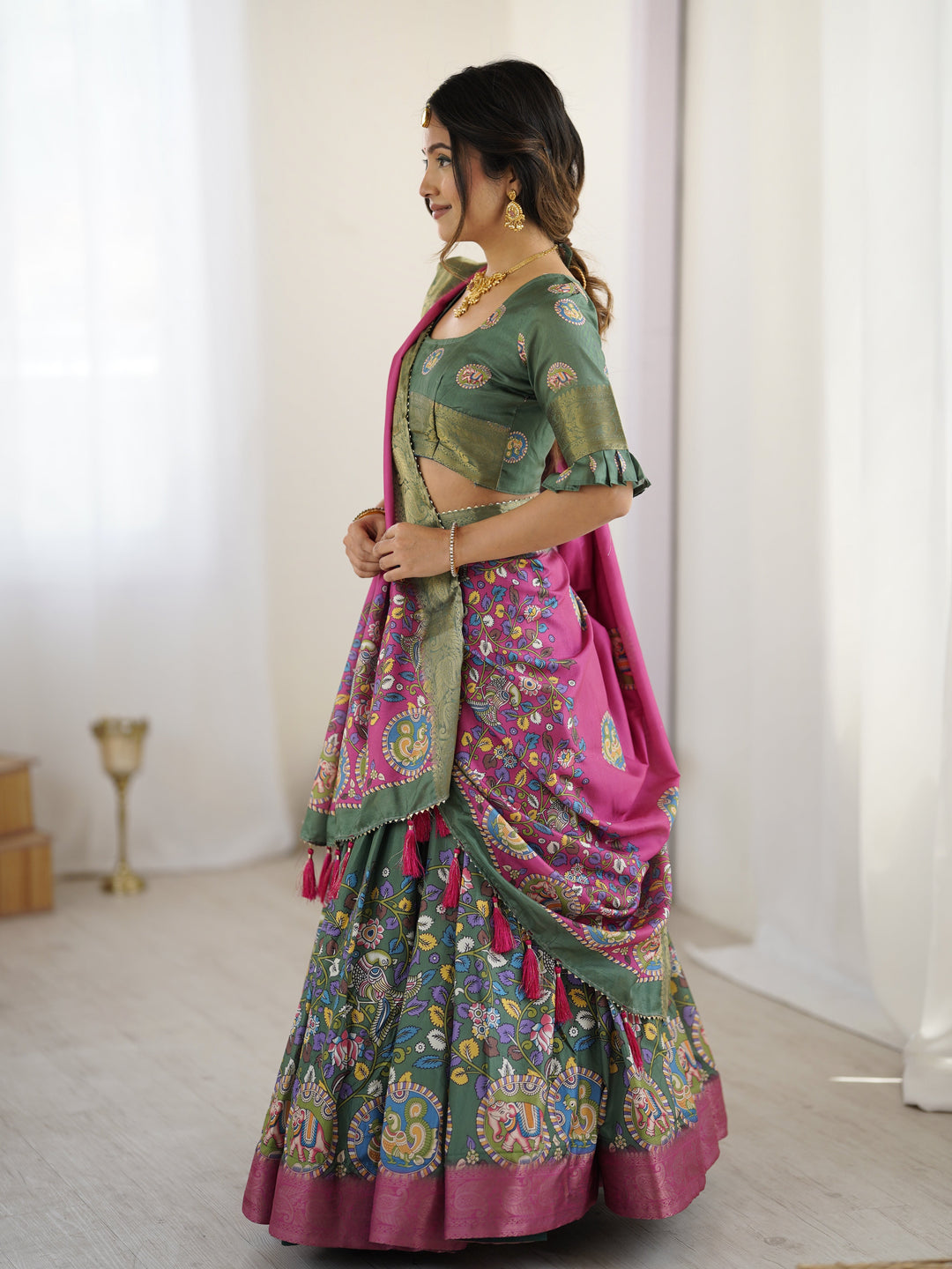 Green & Pink Kalamkari Tussar Silk Lehenga with Zari Border & Tassel Dupatta – Festive & Wedding Wear