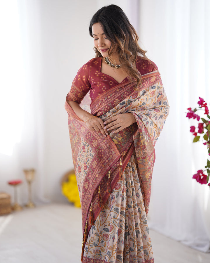 Handloom Beige Cotton Saree with Maroon Blouse, Pomegranate Floral Print & Village Tale Pallu
