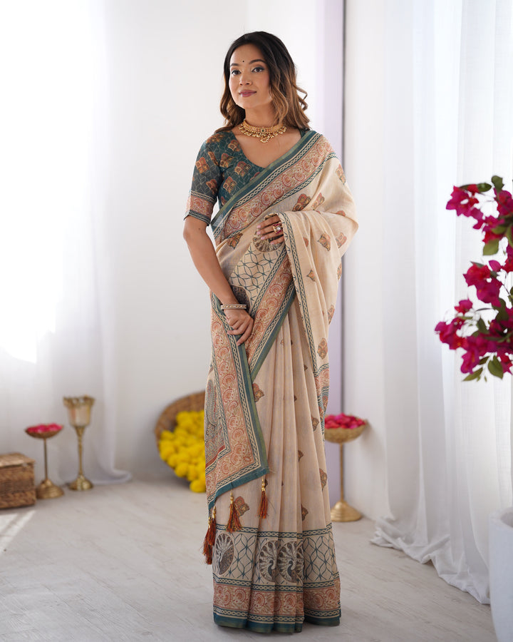 Ivory & Teal Handloom Cotton Saree with Buti Print, Mandala Motifs & Peacock Pallu