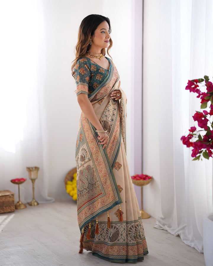 Ivory & Teal Handloom Cotton Saree with Buti Print, Mandala Motifs & Peacock Pallu