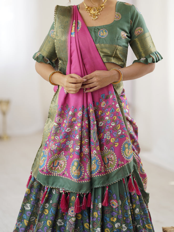 Green & Pink Kalamkari Tussar Silk Lehenga with Zari Border & Tassel Dupatta – Festive & Wedding Wear