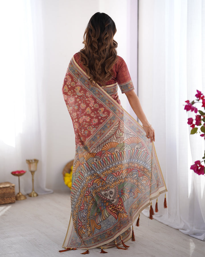 Rust Maroon Handloom Cotton Saree with Floral Jaal & Multicolor Mandala Pallu Art