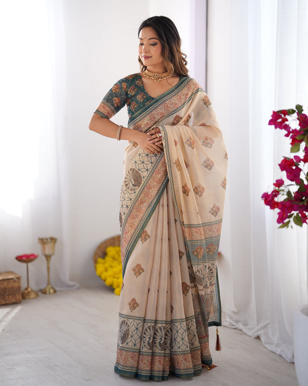 Ivory & Teal Handloom Cotton Saree with Buti Print, Mandala Motifs & Peacock Pallu