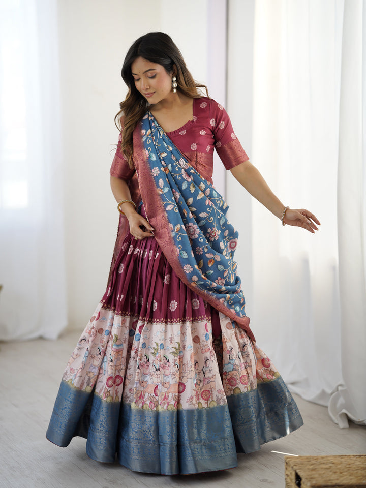 Wine Maroon Kalamkari Lehenga with Blue Floral Dupatta