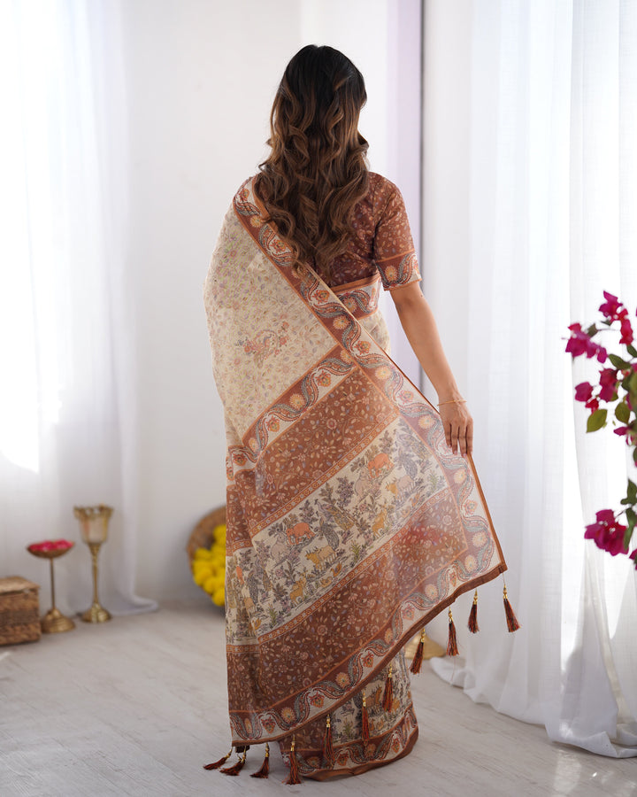 Elegant Beige & Brown Pure Linen Cotton Handloom Saree with Animal Motifs and Floral Prints