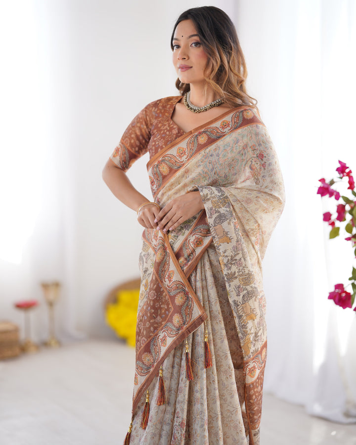 Elegant Beige & Brown Pure Linen Cotton Handloom Saree with Animal Motifs and Floral Prints